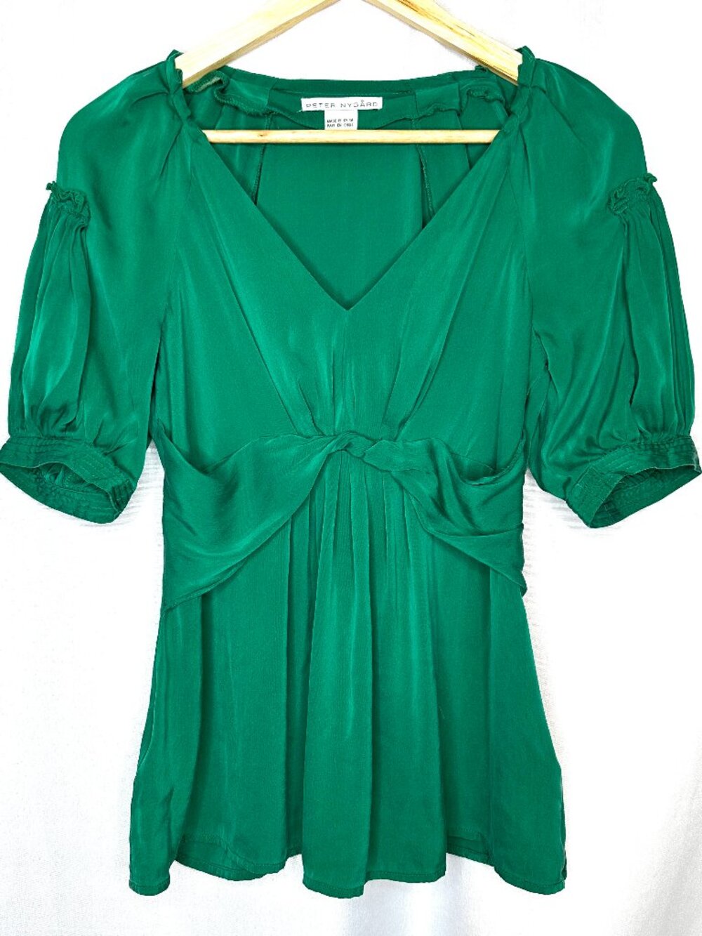 Peter Nygard Silk Blend Green Babydoll Top, Size 4‎ Elevated Fairy Puff Sleeve